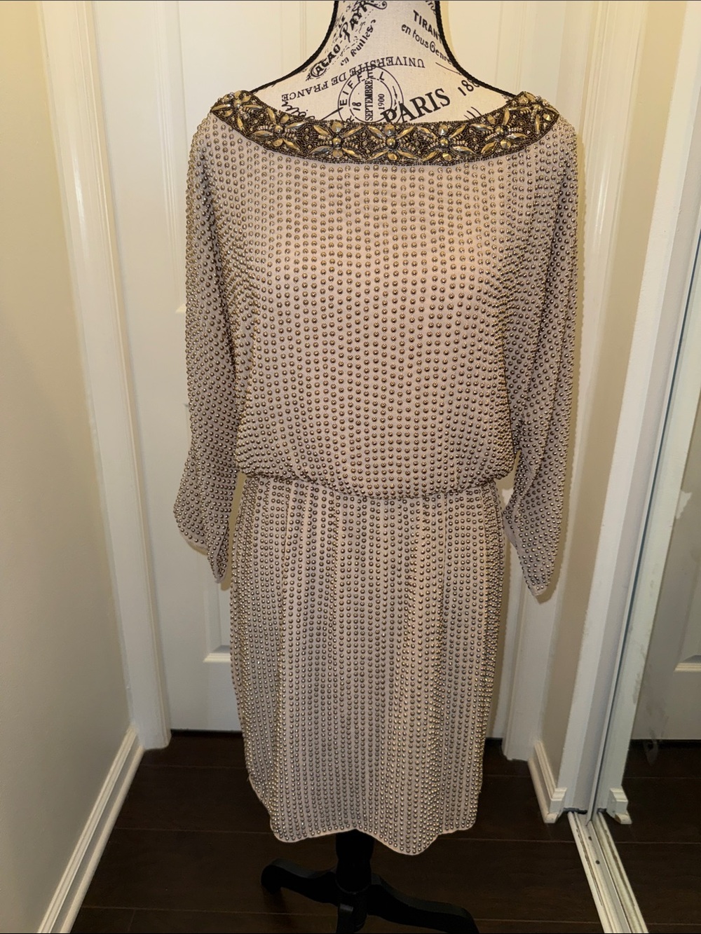 Needle & Thread Taupe Midi Dress with Gold Beaded Collar